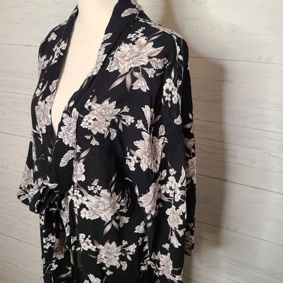Vintage Boho Floral Black White Kimono, Summer Beach Robe Cover, One Size - Picture 5 of 12